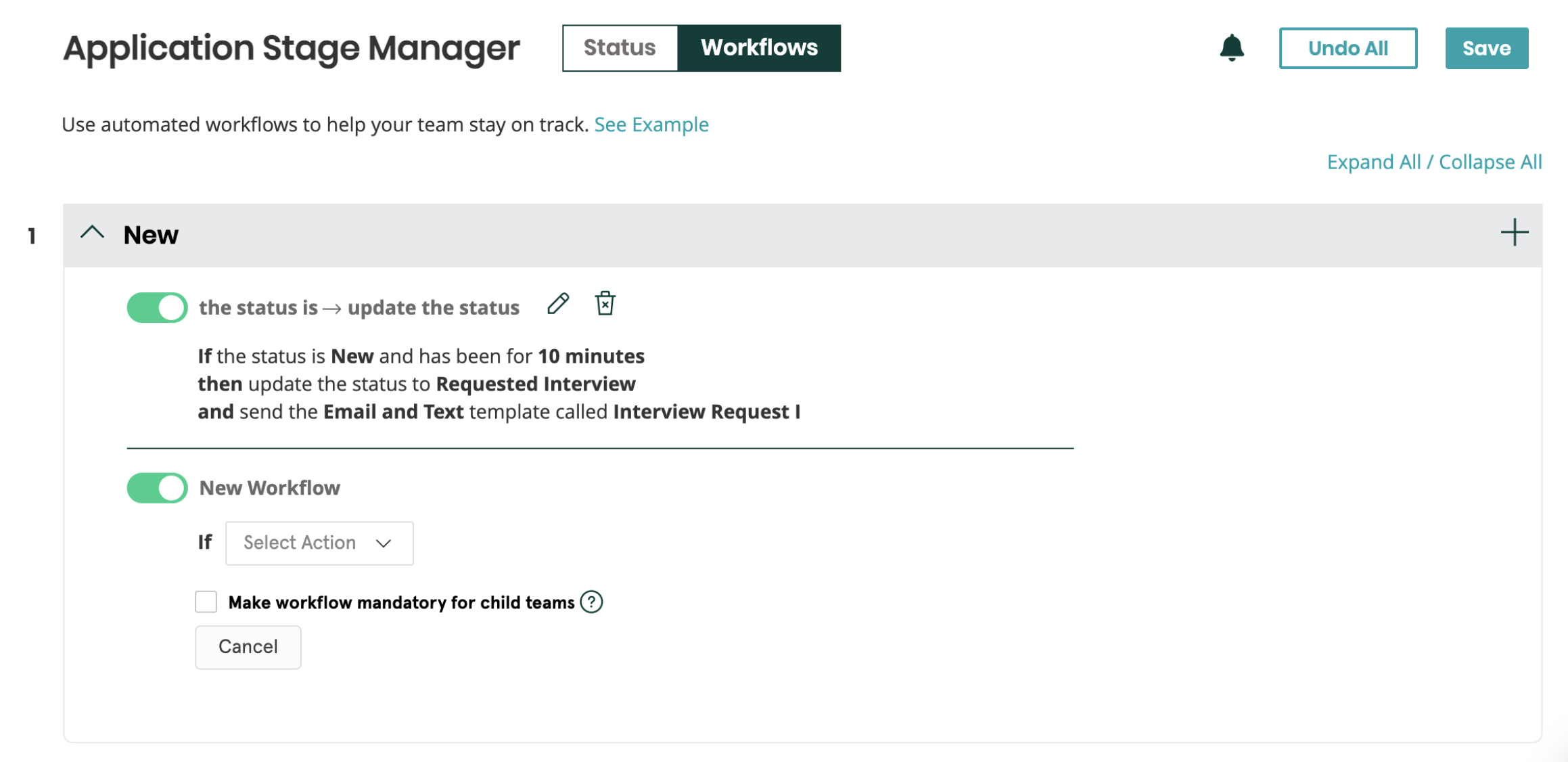 Automated workflows dashboard showing automatic status updates