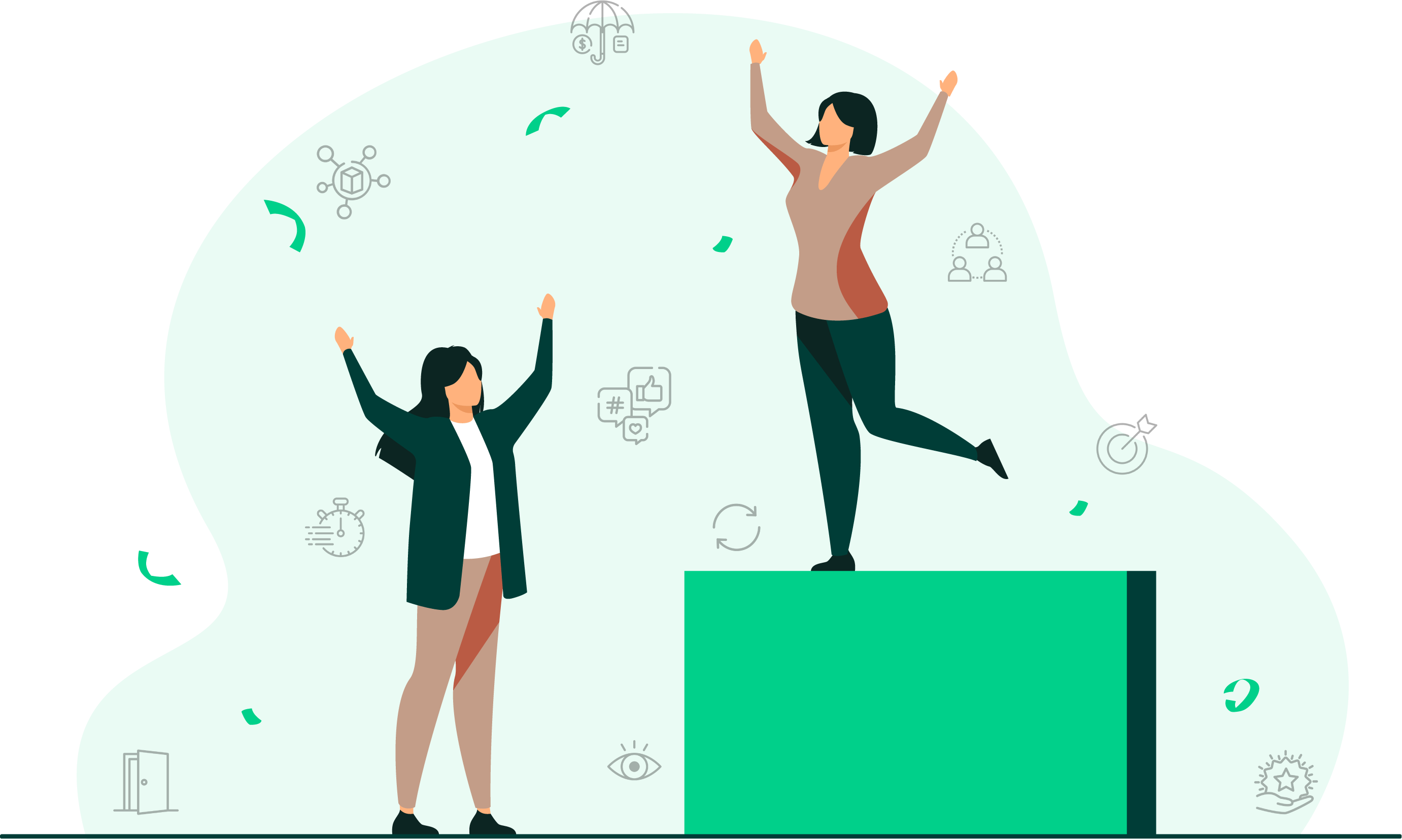 Healthcare hiring strategies. Two illustration figures extend their arms in celebration.