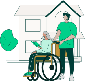 Illustration of a healthcare worker with a patient who is reading a book and using a wheelchair
